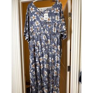 Tamsy Womens Floral Maxi Dress One Size Blue Empire NWT Boho Kaftan Lounge Dress